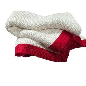 Pottery Barn Kids Knit Baby Blanket Cream Red Trim NEW